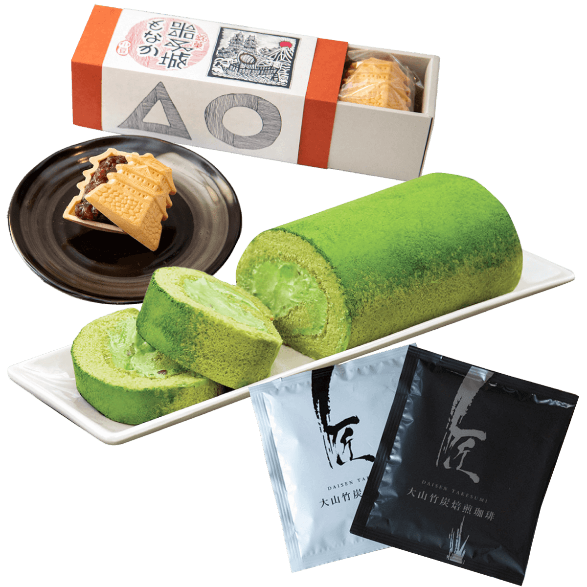 C賞城下町スウィーツセット１０名様餅屋いけがみ（米子城最中（粒あん）４組入り）長田茶店（大山抹茶ロール）珈琲舎en（「大山竹炭焙煎珈琲 匠」ドリップバッグ10袋）